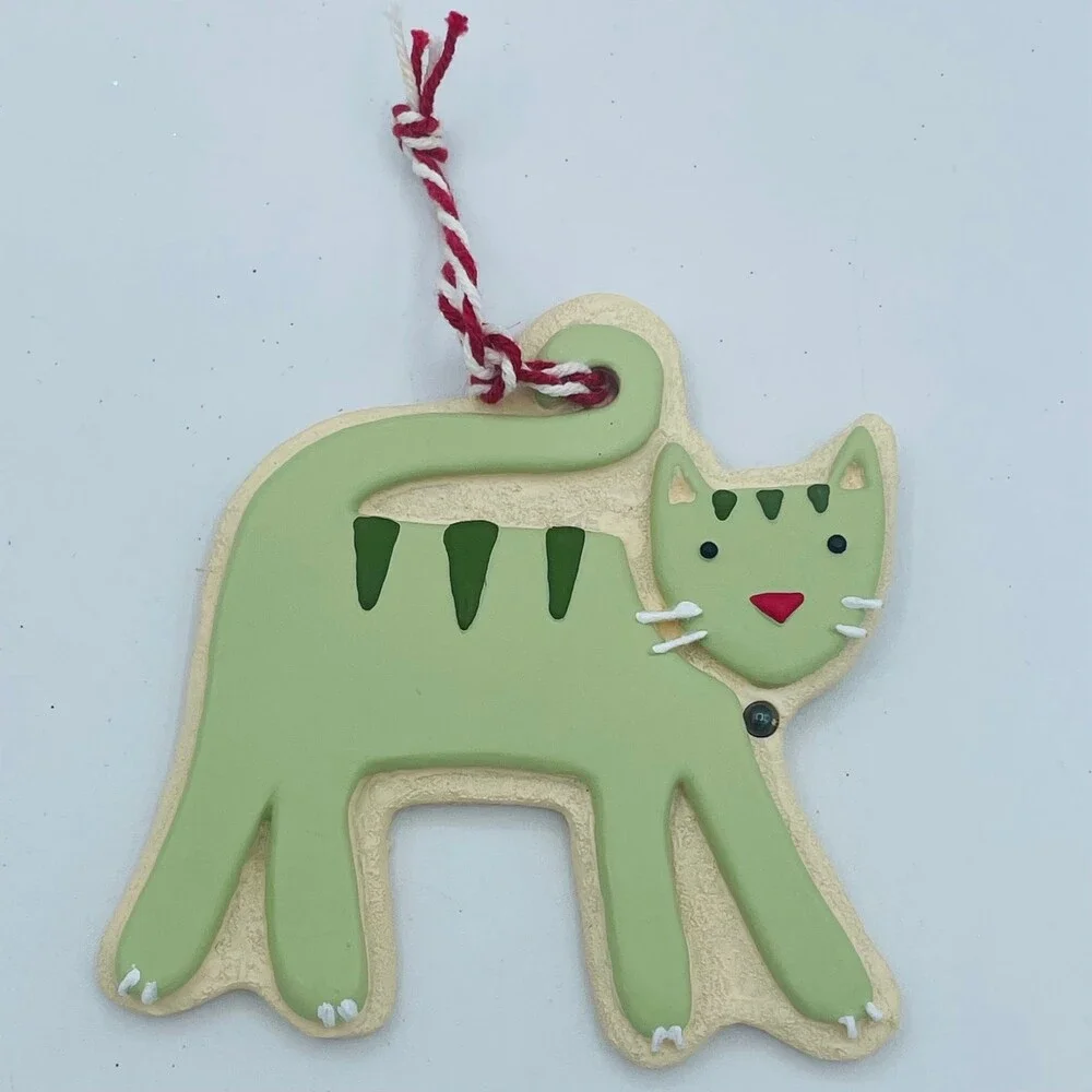 Pair of Hallmark Christmas Tree Ornaments Green & Polka Dot Cats HMK